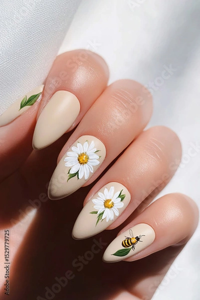 Obraz Natural and spring beauty: Hands with long nude nails decorated with delicate white daisies and a bee, evoking the tranquility of nature. Ideal for spring, environmental, self-care and charming nail a