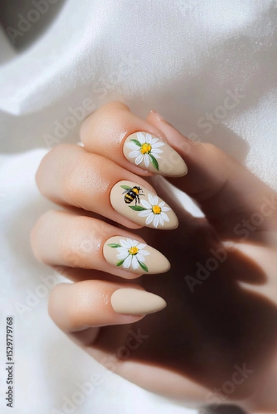 Obraz Springtime charm on your nails: Hands with neutral-toned nails decorated with delicate daisies and a small bee. Ideal for themes of nature, spring, ecology and enchanting beauty.