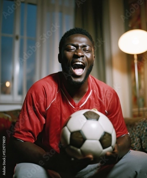 Fototapeta Soccer fan in red jersey celebrating with intense emotion at home