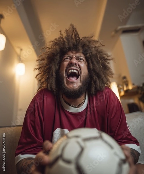 Fototapeta Football enthusiast celebrating during match indoors with red uniform