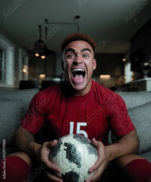 Fototapeta Man passionately cheering while watching football, wearing red jersey