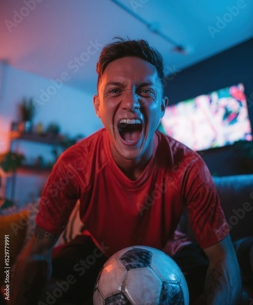 Fototapeta Football enthusiast shouting during match indoors with red uniform