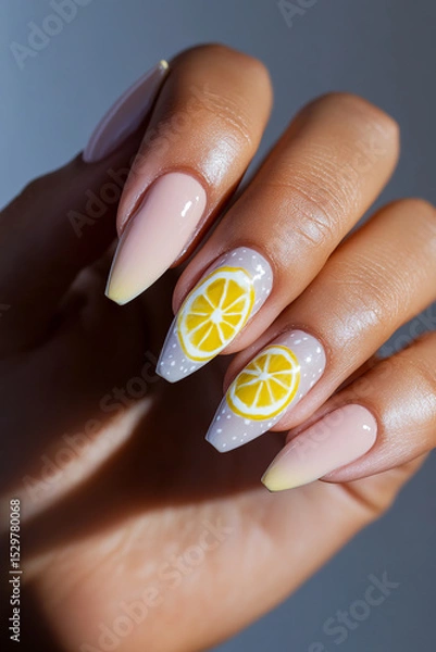 Obraz Fun and refreshing manicure: Hand with pastel-colored nails and two of them adorned with vibrant lemon slice designs. Ideal for summer themes, freshness, creativity and fun beauty.