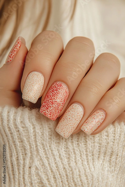 Obraz Close-up of a hand with soft peach and coral nails adorned with a subtle textured effect reminiscent of sugar, contrasting with the softness of a light knit sweater. Ideal for beauty, self-care and na