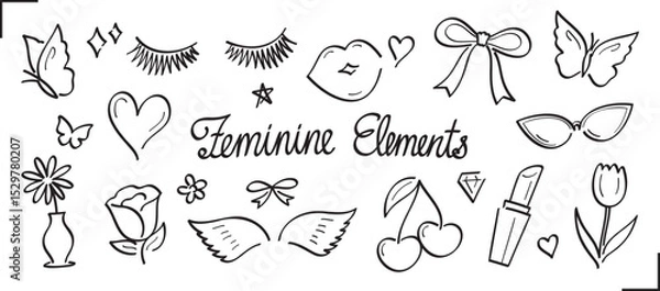 Obraz cute fashionable women things line graphic element vector set in hand drawn style 