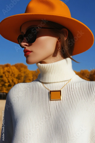 Obraz Woman wearing a vibrant orange hat, sunglasses and a white turtleneck, in a setting with golden foliage. Ideal for fashion, fall, travel and elegant lifestyle themes.