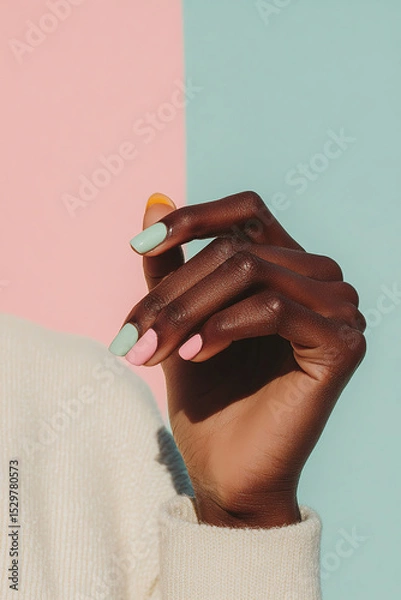 Obraz Vibrant and modern style: Hand with colorful manicure in pastel shades of pink, green and orange, contrasting with a geometric background. Ideal for themes of beauty, creativity, fashion trends and se