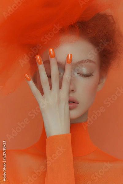 Obraz Vibrant style in orange monochrome: Close-up of woman with nails and makeup in warm tones, ideal for beauty, fashion and trends themes.