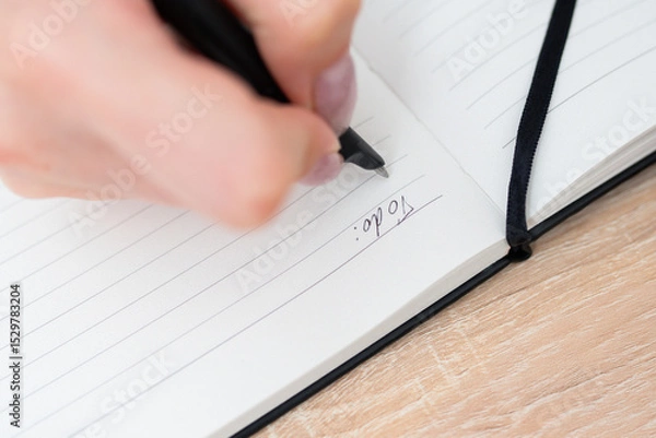 Fototapeta Writing a detailed plan in a planner notebook for effective time management and organization