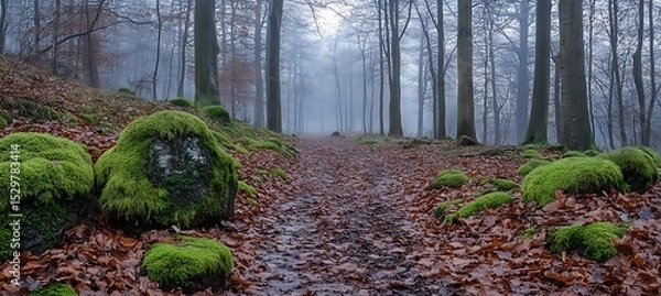 Obraz A tranquil forest trail covered in soft moss and fallen leaves 