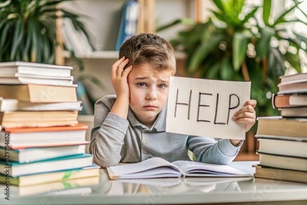 Obraz Academic year. The child is sitting at a table with a bunch of textbooks, books and a help sign. Education, assistance.