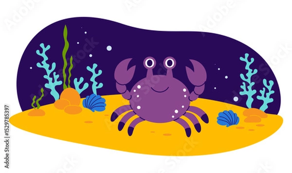 Fototapeta Cute Crab and Sea algae on sandy seabed. Funny tropical animal. Underwater seascape landscape. Vector illustration. Kids collection
