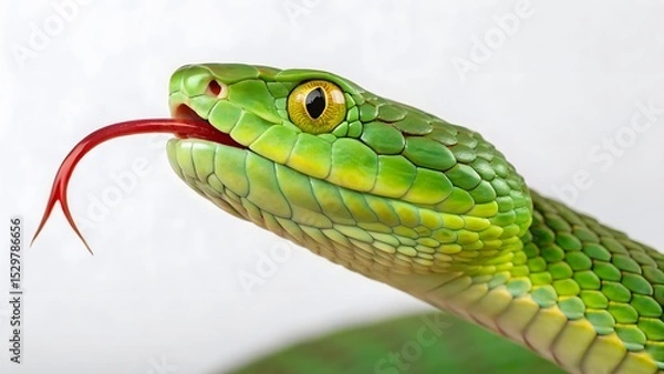 Fototapeta Magnificent Green Viper Close Up, showcasing intricate scales and vibrant emerald hues. Its forked tongue, a sensory marvel, extends, adding to the images captivating detail and wild beauty.