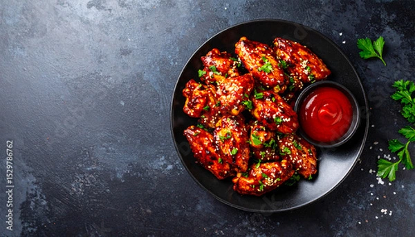 Obraz Saucy Chicken Drumettes on Dark Plate