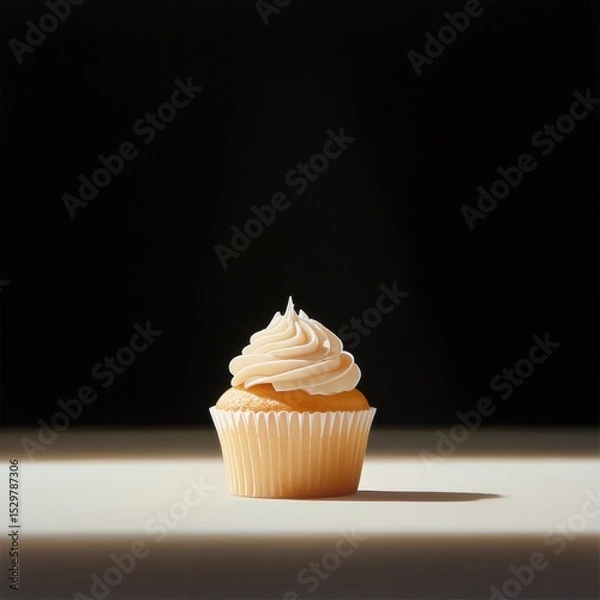 Fototapeta Delicious vanilla cupcake with creamy frosting on a sleek, dark background.