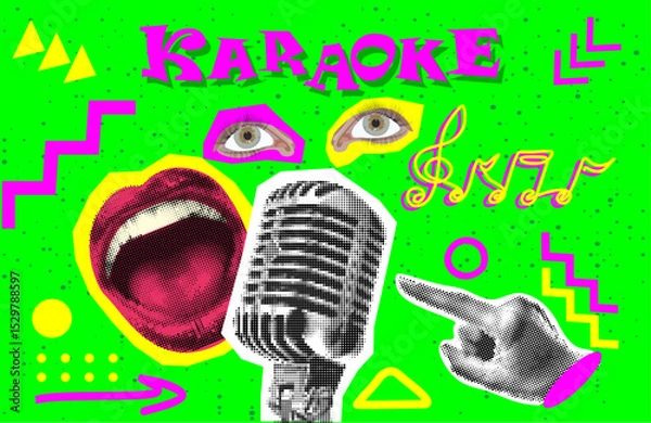 Obraz Retro Halftone Collage Karaoke with sketch of microphone in halftone paper hand, eye, singing lips, retro mike and hand. Vintage vector.	