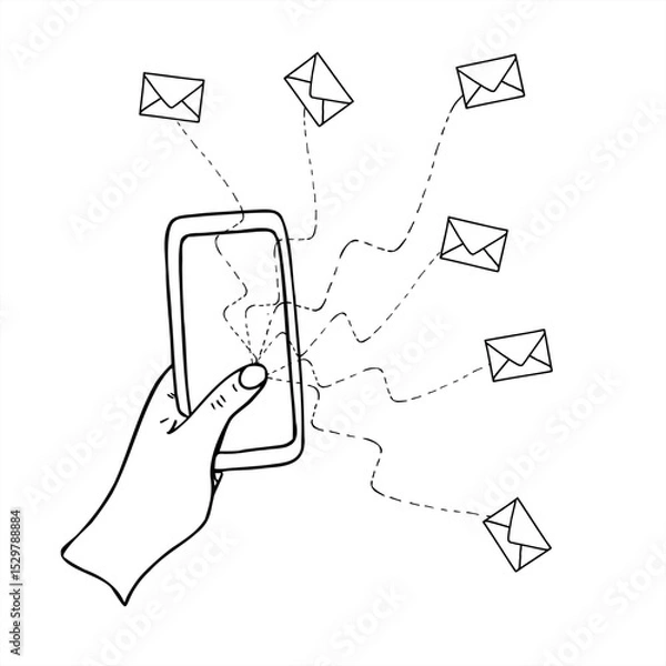 Fototapeta Hand tapping smartphone screen, with dotted lines and envelopes radiating from the thumb vector illustration painted by black inks. For email marketing, bulk messaging, digital communication concept