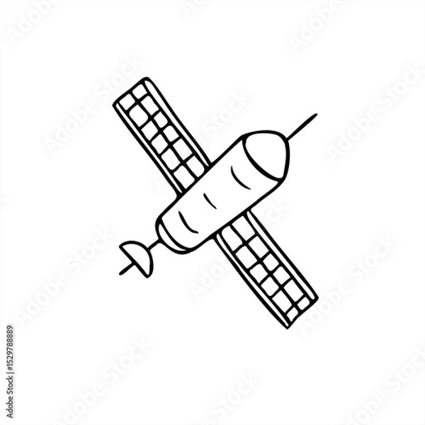 Fototapeta Flying satellite with deployed solar panels stylized monochrome vector illustration. Spacecraft graphic sketch for space technology themes, sci fi project, educational material, coloring page.