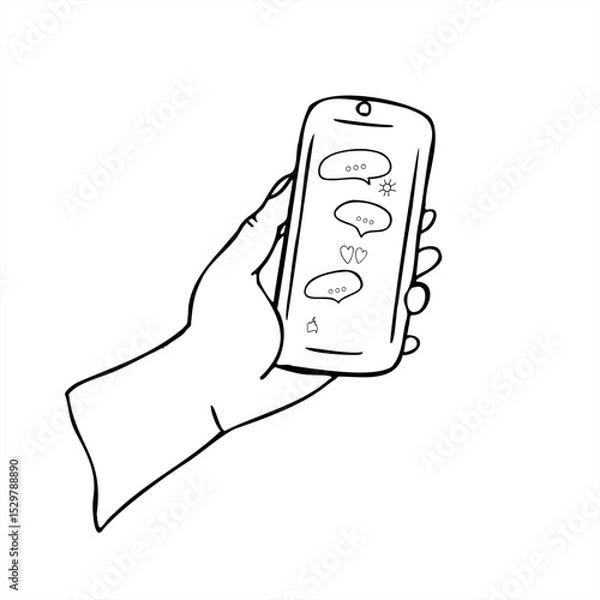 Fototapeta Hand holding smartphone with message bubbles, heart, sun on the screen minimalist black and white vector illustration. Online communication graphic sketch for UI, UX design, social media, chat app