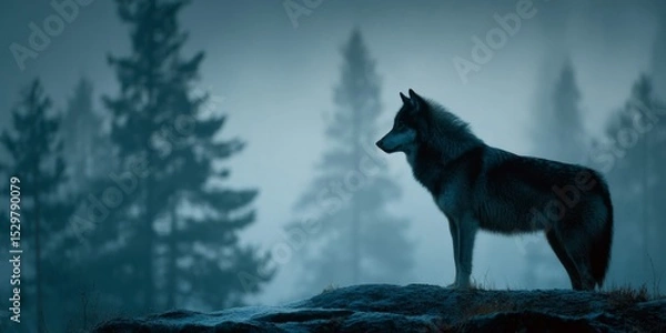 Obraz Lone Wolf in a Misty Forest at Dusk