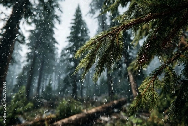 Obraz Rain Forest Closeup Green Pine Branch