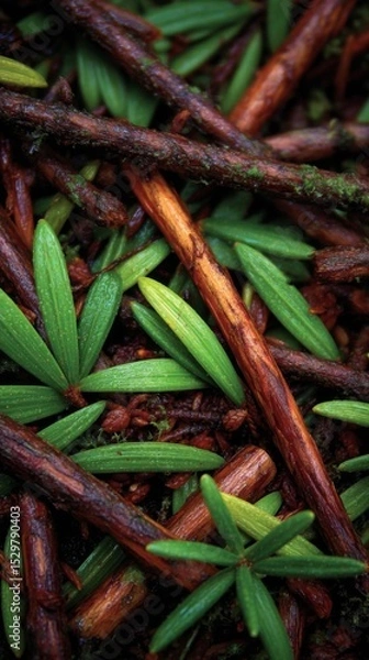 Obraz Close Up of Lush Green Leaves and Dark Brown Twigs
