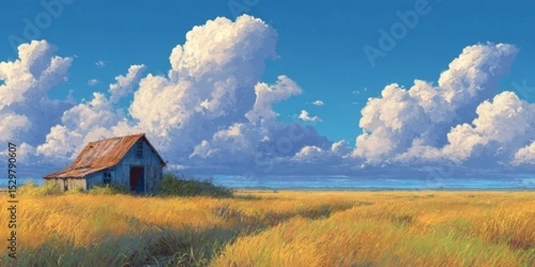 Obraz Rustic Barn in a Golden Wheat Field under a Sunny Sky