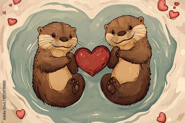 Obraz Two adorable otters holding a heart while floating in a serene water setting surrounded by hearts