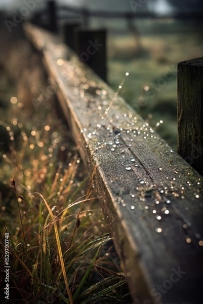 Obraz Morning Dew on Rustic Wooden Fence