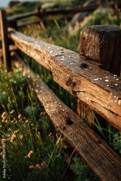 Obraz Close-Up of Rustic Wooden Fence with Morning Dew