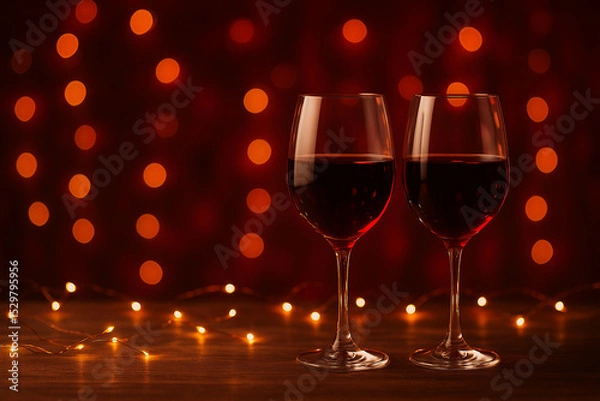 Fototapeta Romantic ambiance with red wine and glowing bokeh lights perfect for celebration.