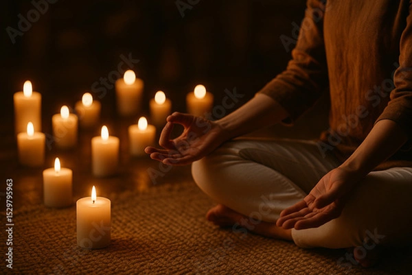 Fototapeta A person meditates peacefully indoors surrounded by glowing candles, creating a tranquil and mindful atmosphere.