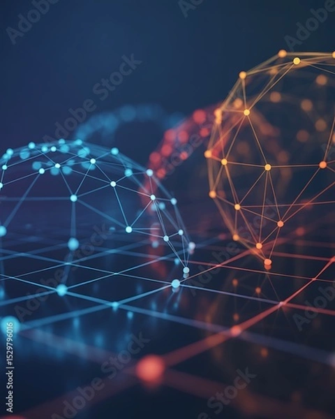 Fototapeta Abstract network spheres with blue and orange nodes connected by lines on a dark background space