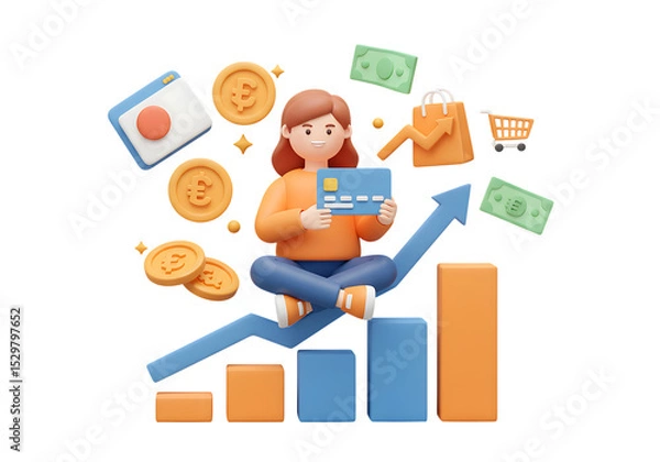 Fototapeta Cartoon Girl Holding Credit Card Growth Chart isolated on a transparent background