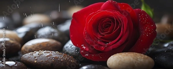 Obraz A fresh red rose laying on smooth dark pebbles with soft raindrops falling