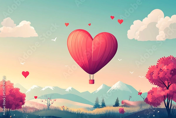 Obraz A whimsical heart-shaped hot air balloon floats above a serene landscape at sunset, surrounded by love