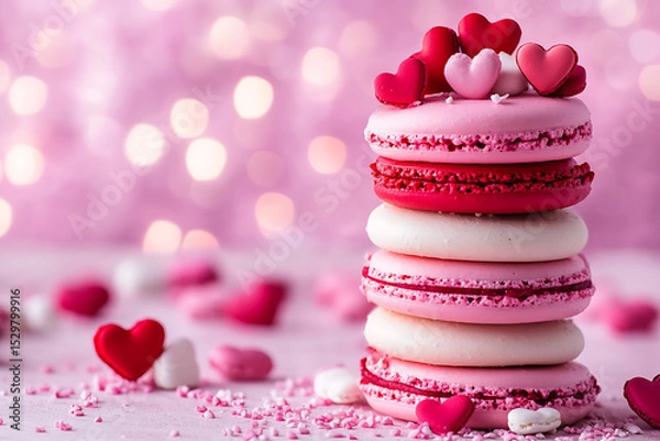 Obraz Colorful macaron tower decorated with hearts on a soft pink background with bokeh lights