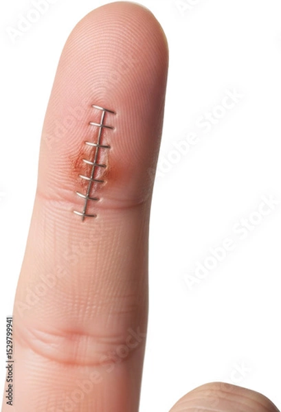 Obraz Close-up of a human finger with surgical stitches or sutures on a healing wound, showing medical treatment for a cut or injury with visible skin texture and redness around the area.