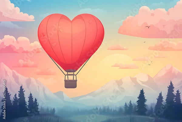 Obraz Colorful heart-shaped hot air balloon soaring over serene mountains at sunset with pine trees