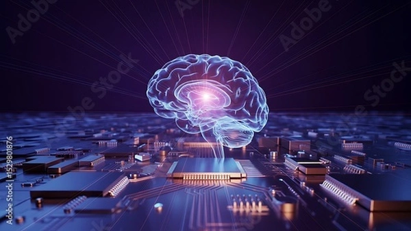 Fototapeta Glowing brain hologram above a computer chip with purple and blue lighting in a dark environment