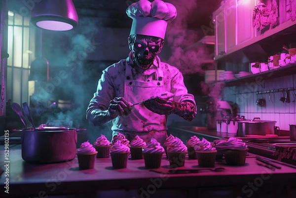 Obraz A surreal chef in a vibrant kitchen decorates cupcakes amidst a smoky atmosphere
