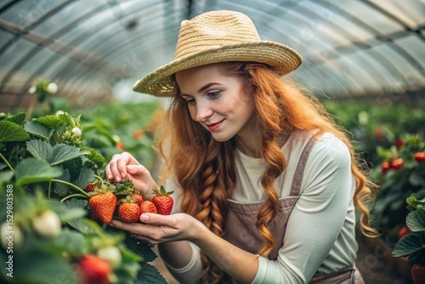 Obraz Agricultural industry. A stylish gardener in a hat is harvesting a rich strawberry crop in a greenhouse.