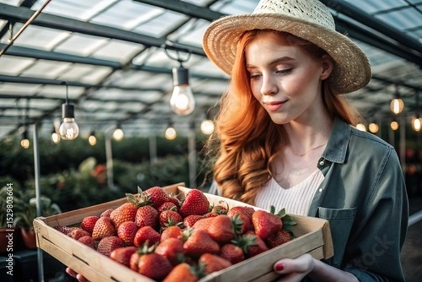 Obraz Agricultural industry. A stylish gardener in a hat is harvesting a rich strawberry crop in a greenhouse. A wooden box with strawberries in the hands of a farmer girl.