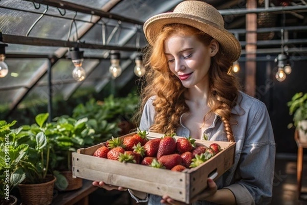 Obraz Agricultural industry. A stylish gardener in a hat is harvesting a rich strawberry crop in a greenhouse. A wooden box with strawberries in the hands of a farmer girl.