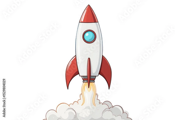 Obraz 3D Rocket Launching, Business Startup, Growth, and Success Concept. Spaceship taking off with fire and smoke on isolated Transparent background.