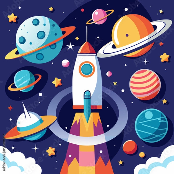 Fototapeta Rocket launching into colorful space with planets and stars