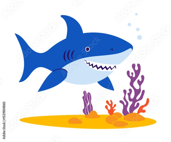 Fototapeta Cute Shark with algae and coral on seabed. Vector illustration