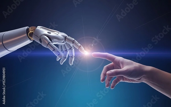 Fototapeta Robot and human hands touching with a bright light between them against a blue gradient background