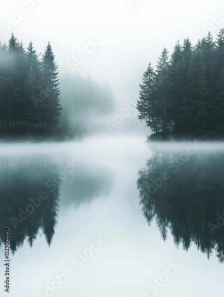 Fototapeta misty foggy Kinfolk minimalist landscape - trees reflected in calm forest lake, peaceful ambiance and reflective beauty of the natural surroundings, serenity and tranquility meditation backdrop
