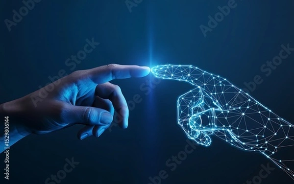 Fototapeta A human hand touching a digital hand made of connected dots on a dark blue gradient background